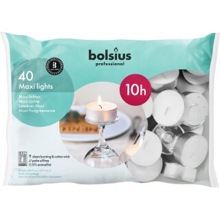 Maxi Teelichter wei&szlig; 10 Std. Brenndauer im 40er Beutel Bolsius Professional (40 St&uuml;ck)