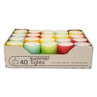 40 Teelichter im farbigen Acryl Cup Sommer Edition ca. 8 Std. Brenndauer Wenzel